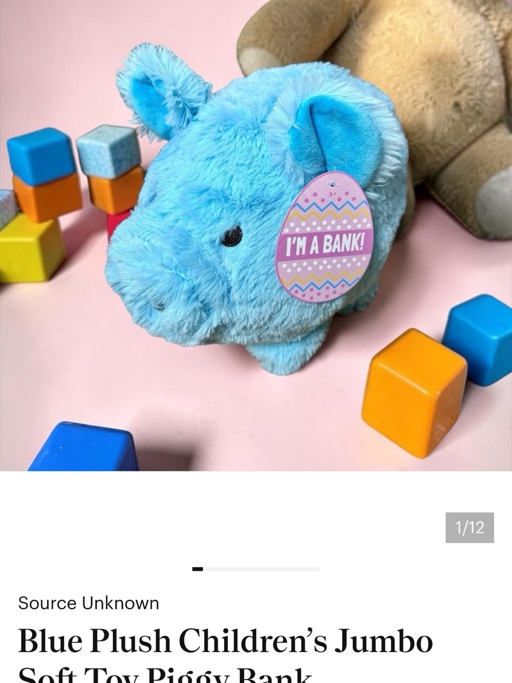 Blue Plush Piggy Bank Soft Kids Toy
